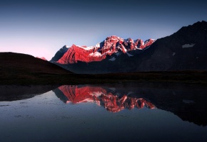 Mountain, lake, snow, red, light and darkness