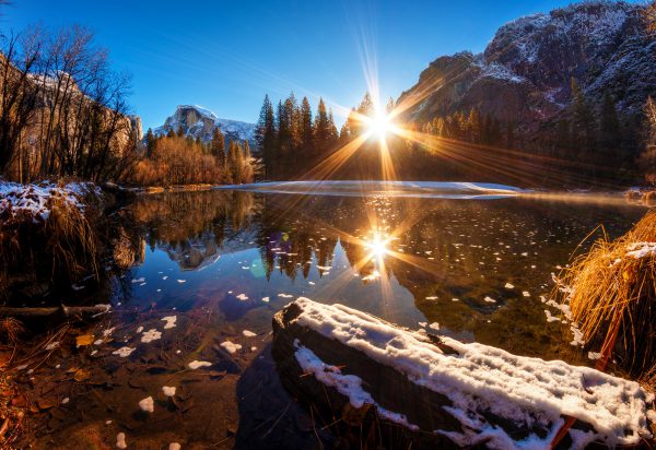 Обои картинки фото National Park, California, озеро, солнце, снег, деревья, блики