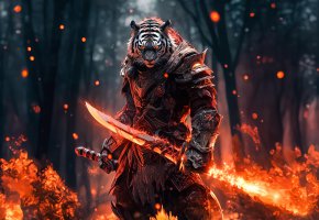  Fantasy, Fire, Tiger, Warrior, Graphics